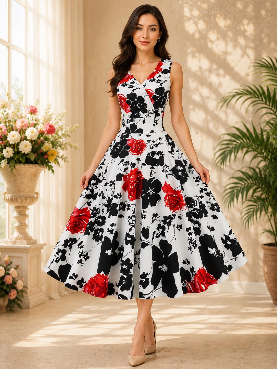 Women Vintage Inspired Floral Swing Dress for Garden Parties