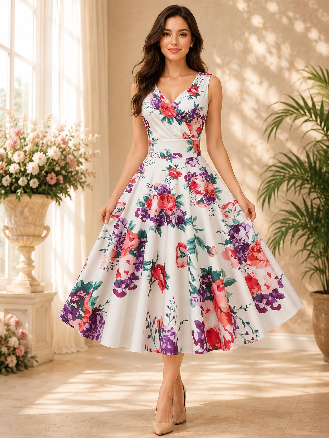 Women Vintage Inspired Floral Swing Dress for Garden Parties