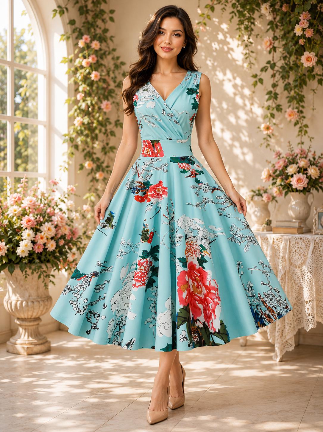 Women Vintage Inspired Floral Swing Dress for Garden Parties