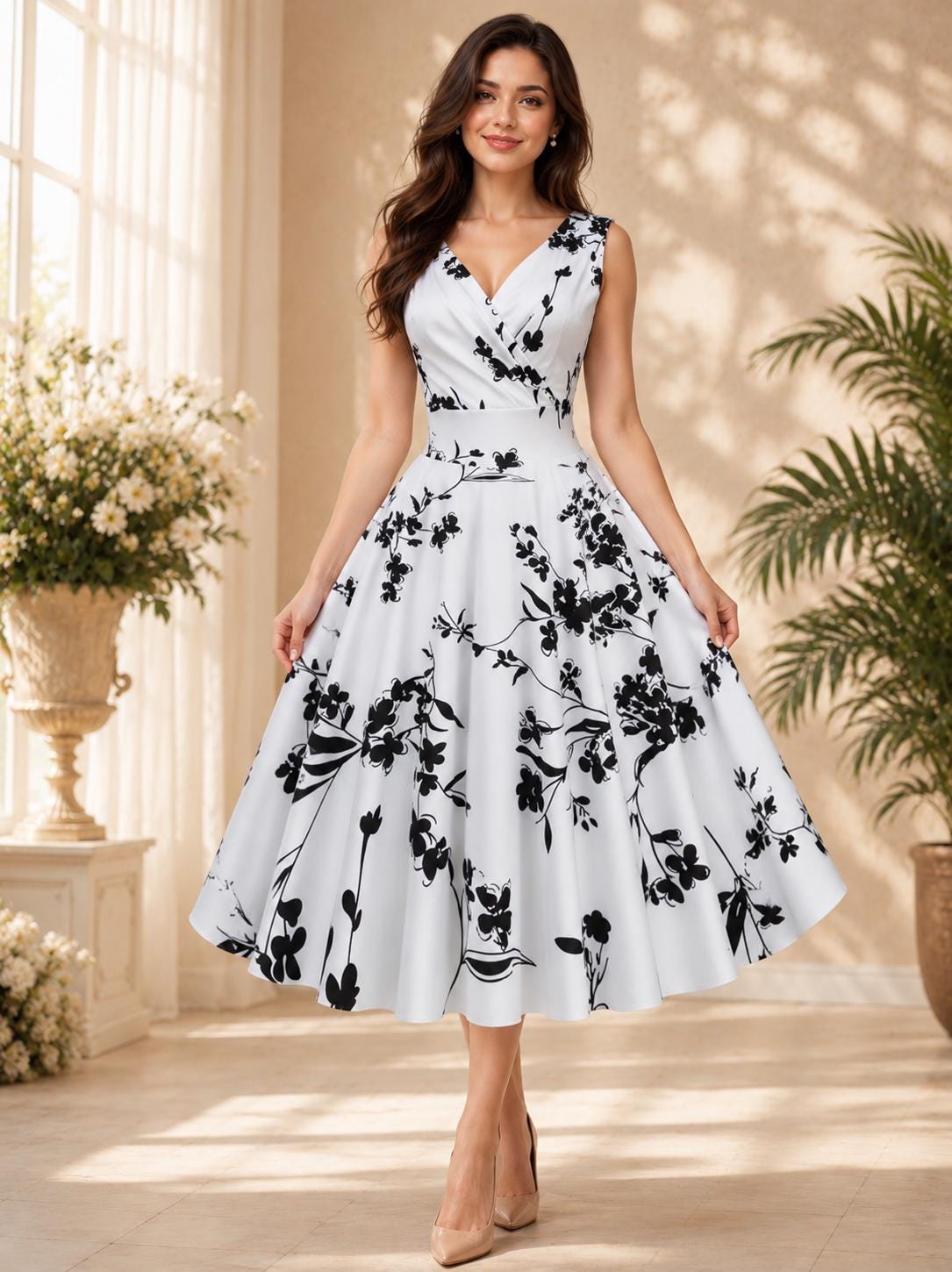 Women Vintage Inspired Floral Swing Dress for Garden Parties