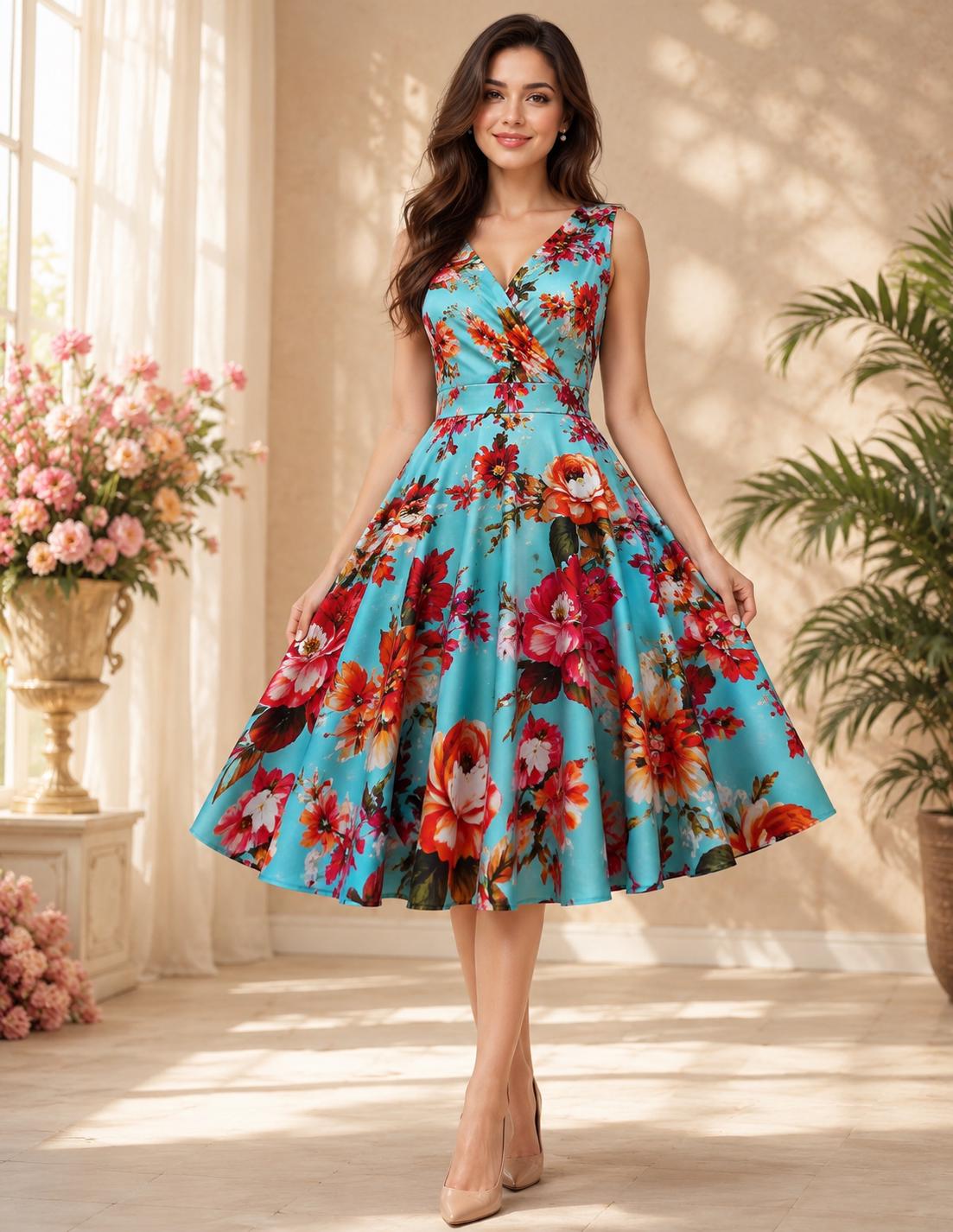 Women Vintage Inspired Floral Swing Dress for Garden Parties