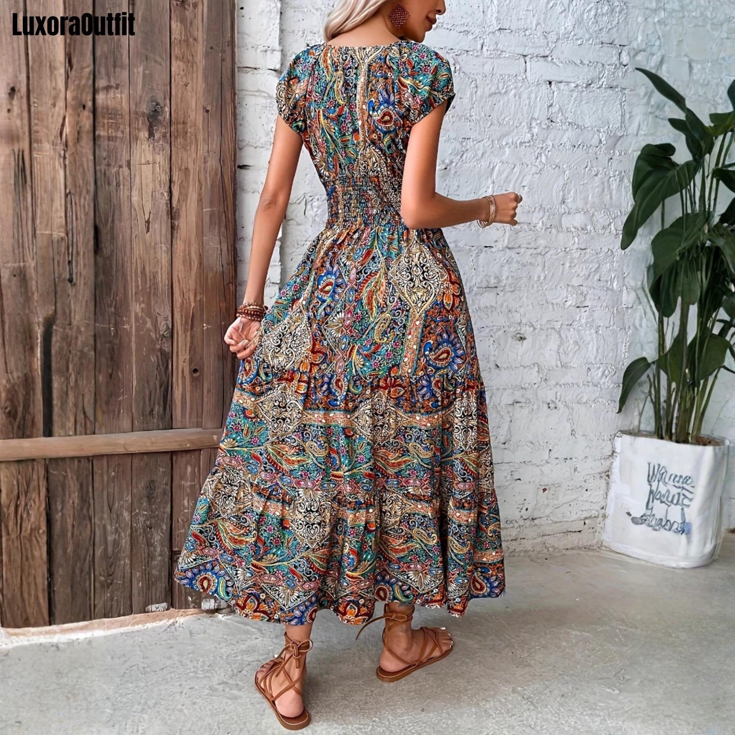 Paisley Print Smocked Maxi Dress, Tiered Boho Cap Sleeve Summer Vacation Dress