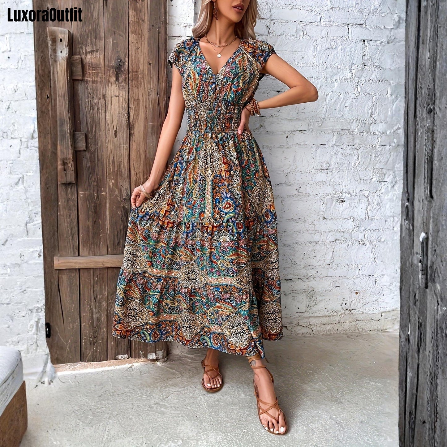 Paisley Print Smocked Maxi Dress, Tiered Boho Cap Sleeve Summer Vacation Dress