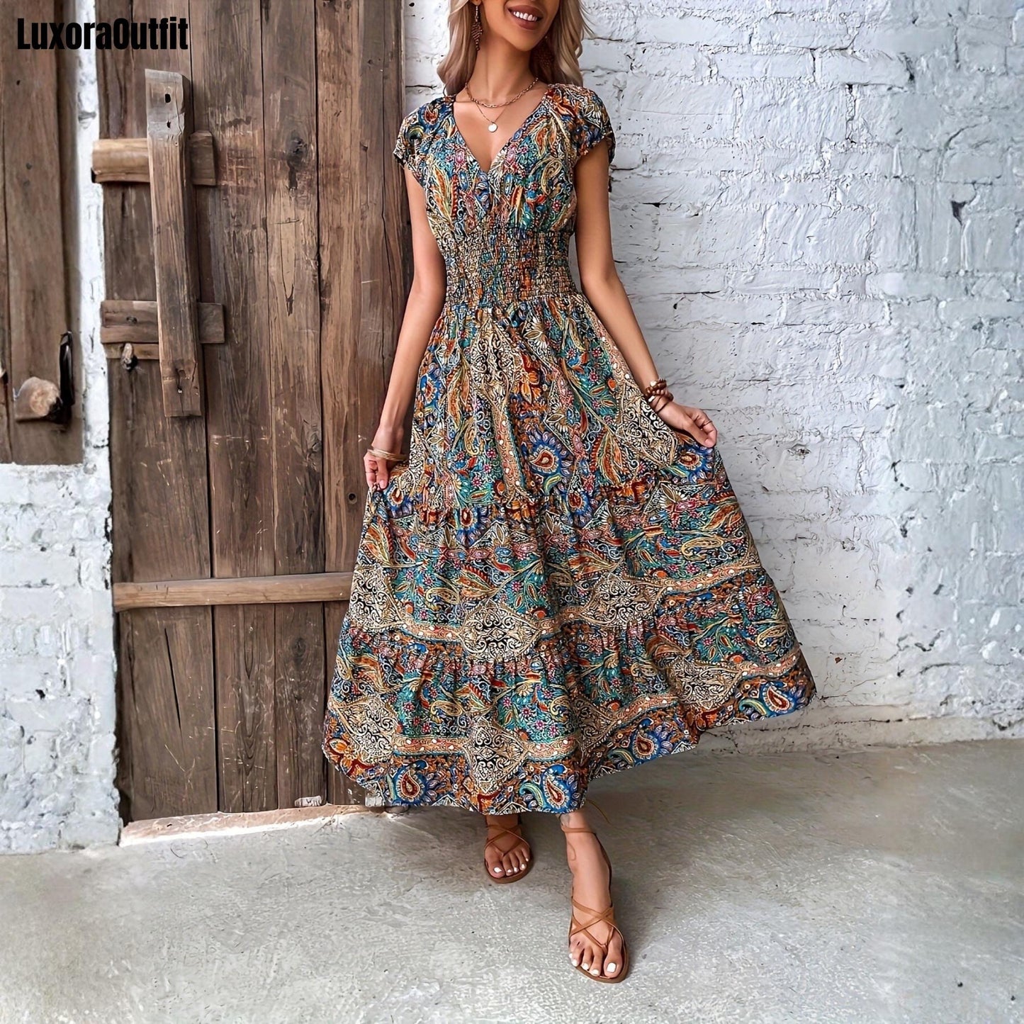 Paisley Print Smocked Maxi Dress, Tiered Boho Cap Sleeve Summer Vacation Dress