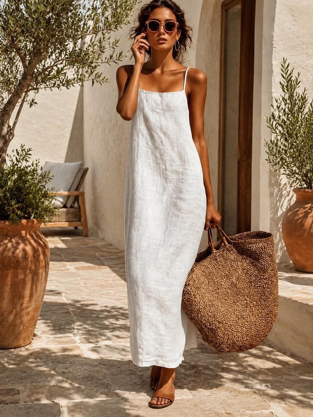 White Linen Style Maxi Dress Women, Sleeveless Summer Dress, Minimalist Beach Dress, Resort Wear Linen Slip Dress, Vacation Dress