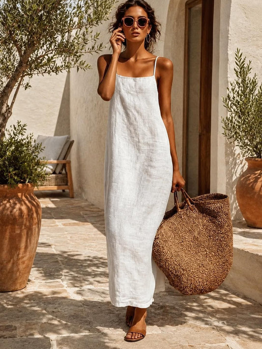 White Linen Style Maxi Dress Women, Sleeveless Summer Dress, Minimalist Beach Dress, Resort Wear Linen Slip Dress, Vacation Dress