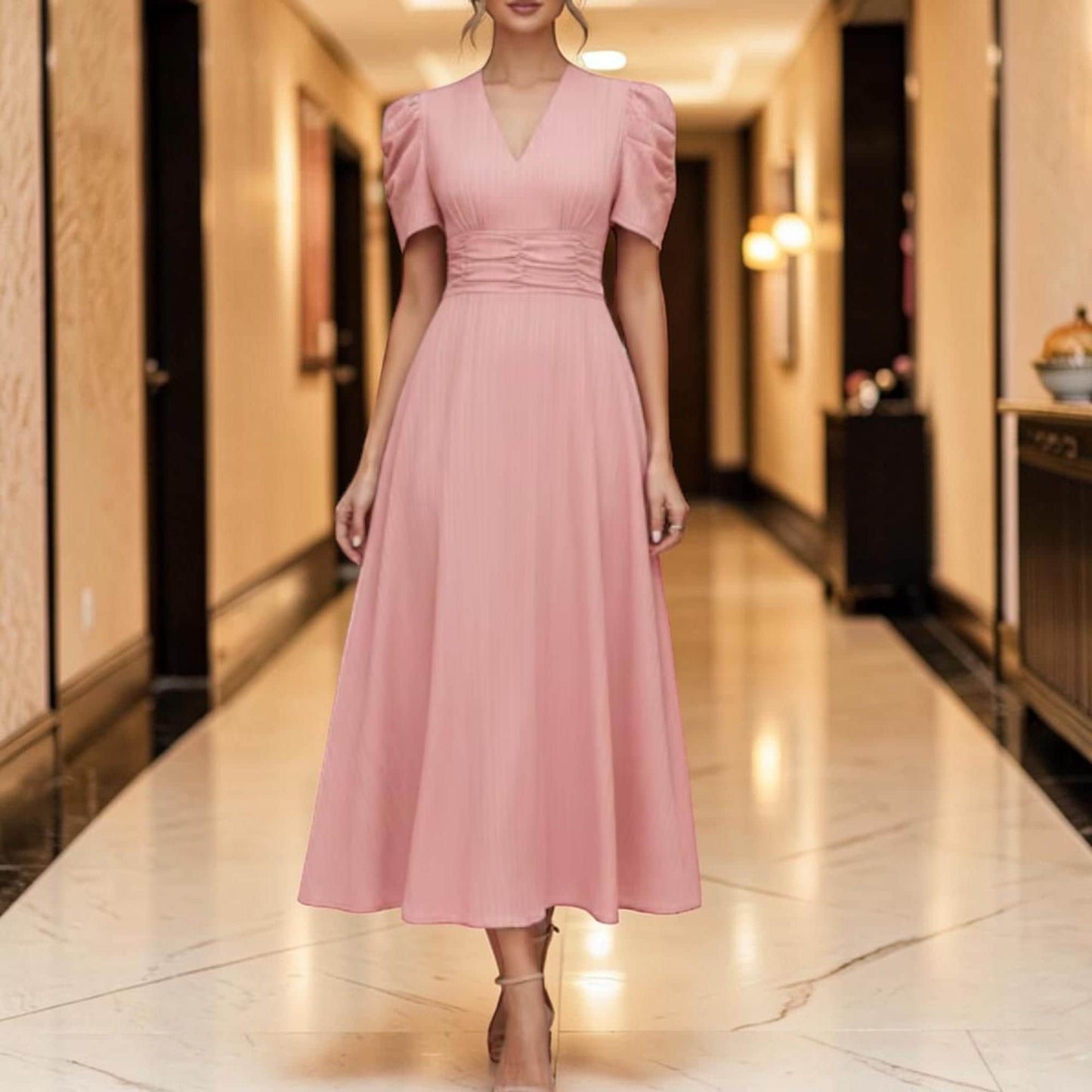 V-Neck Midi Dress for Women – Elegant Puff Sleeve Dress, Occasion Party Outfit, Flowy A-Line Cocktail Dress, Feminine Wedding Guest Dress
