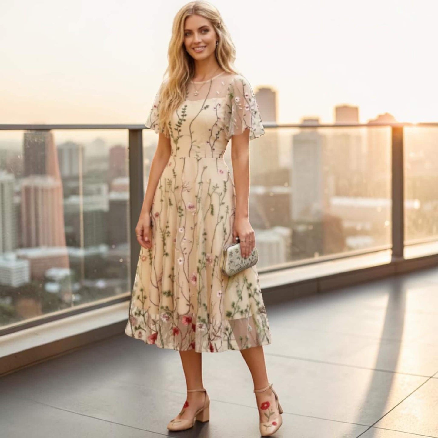 Floral Mesh Embroidered Vintage Evening Dress – Elegant O-Neck Maxi Dress, Luxury Summer Party Gown, Romantic Formal Occasion