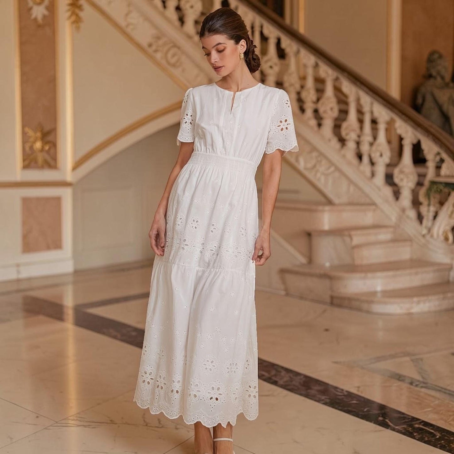 White Eyelet Midi Dress for Women – Elegant Summer Dress, Feminine A-Line Midi Dress, Romantic Cotton Eyelet Dress, Beach Vacation Outfit
