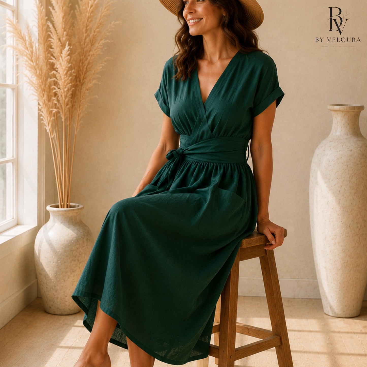 Linen Cotton Wrap  Dress with Pockets, Elegant Casual Summer Dress, Gift For Her