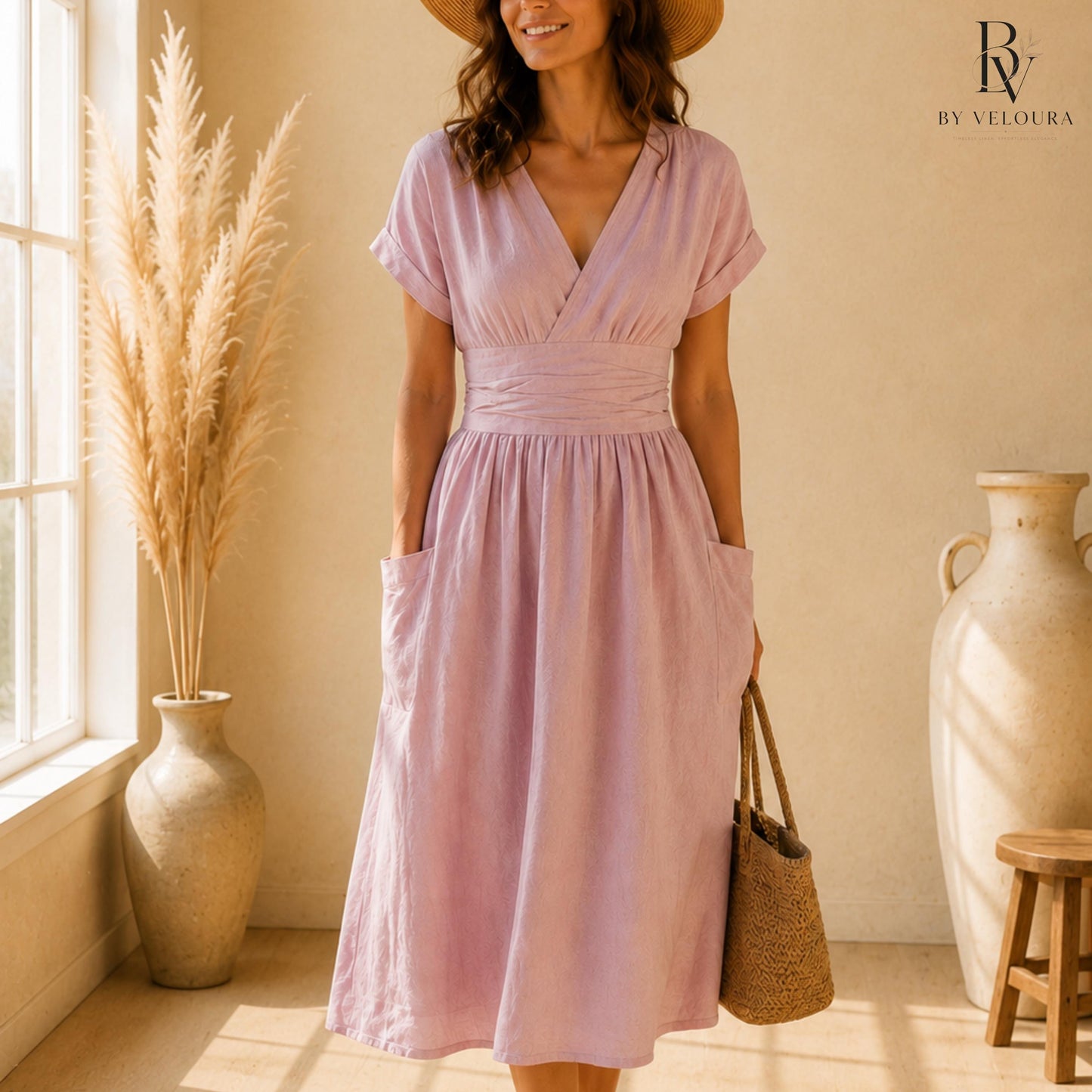 Linen Cotton Wrap  Dress with Pockets, Elegant Casual Summer Dress, Gift For Her