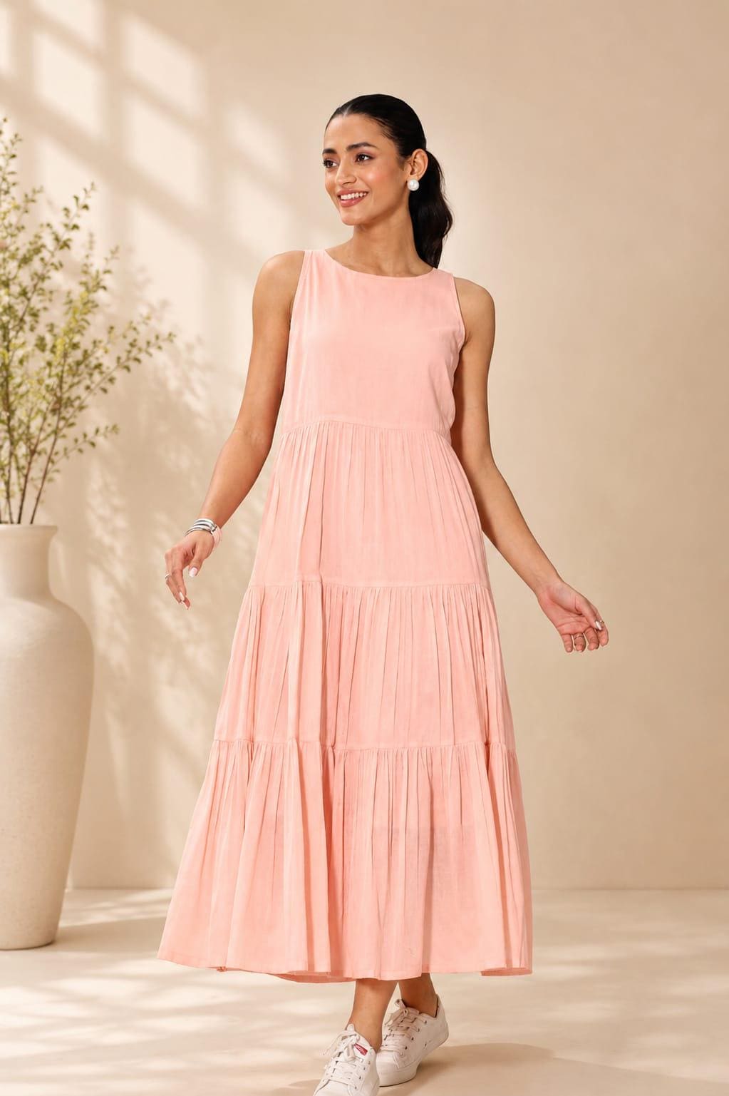 Cotton Tiered Midi Dress For Women | Sleeveless Summer Dress | Pastel Pink Green Dress | Casual Maxi Dress | Boho Beach Vacation Outfit