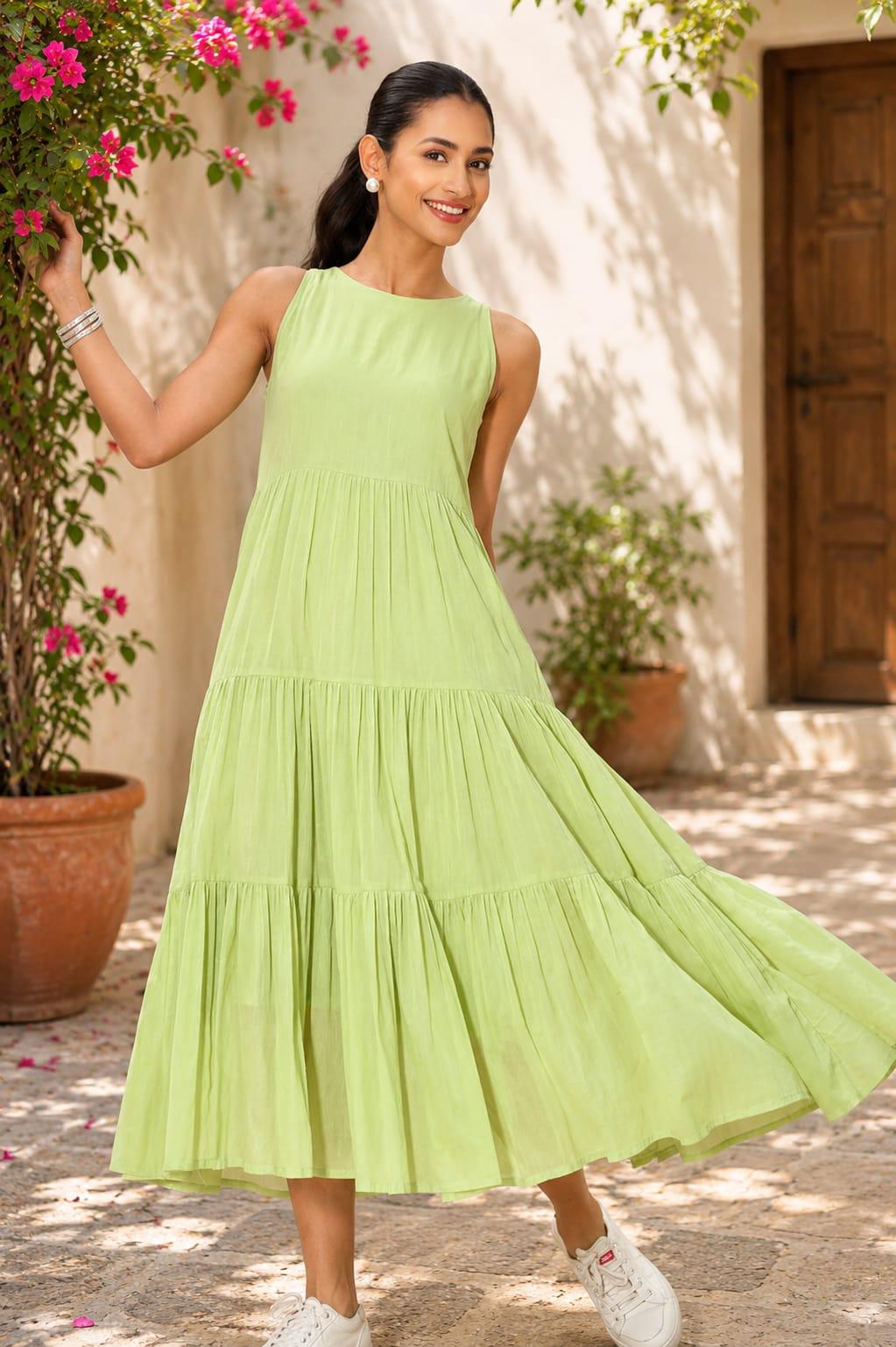 Cotton Tiered Midi Dress For Women | Sleeveless Summer Dress | Pastel Pink Green Dress | Casual Maxi Dress | Boho Beach Vacation Outfit