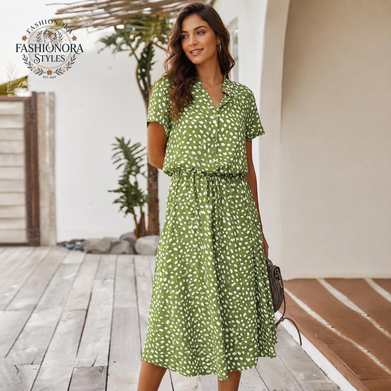 Cotton Midi Dress, Polka Dot, Button Front Maxi Tunic, Casual Shirt, Boho Summer Dress
