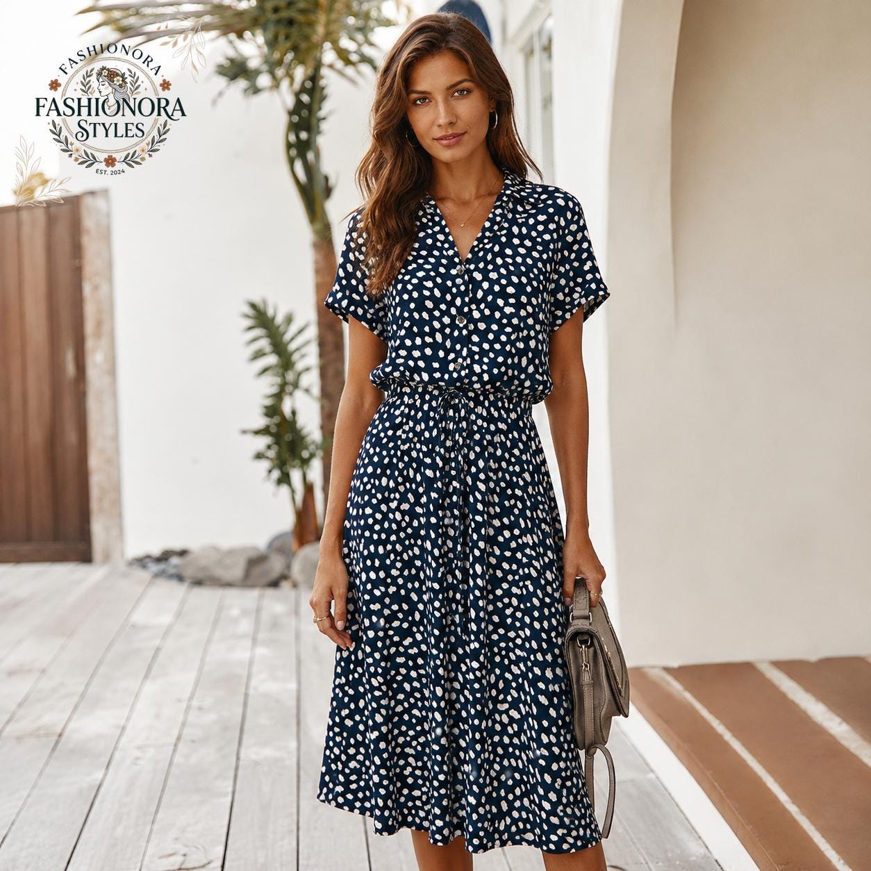 Cotton Midi Dress, Polka Dot, Button Front Maxi Tunic, Casual Shirt, Boho Summer Dress
