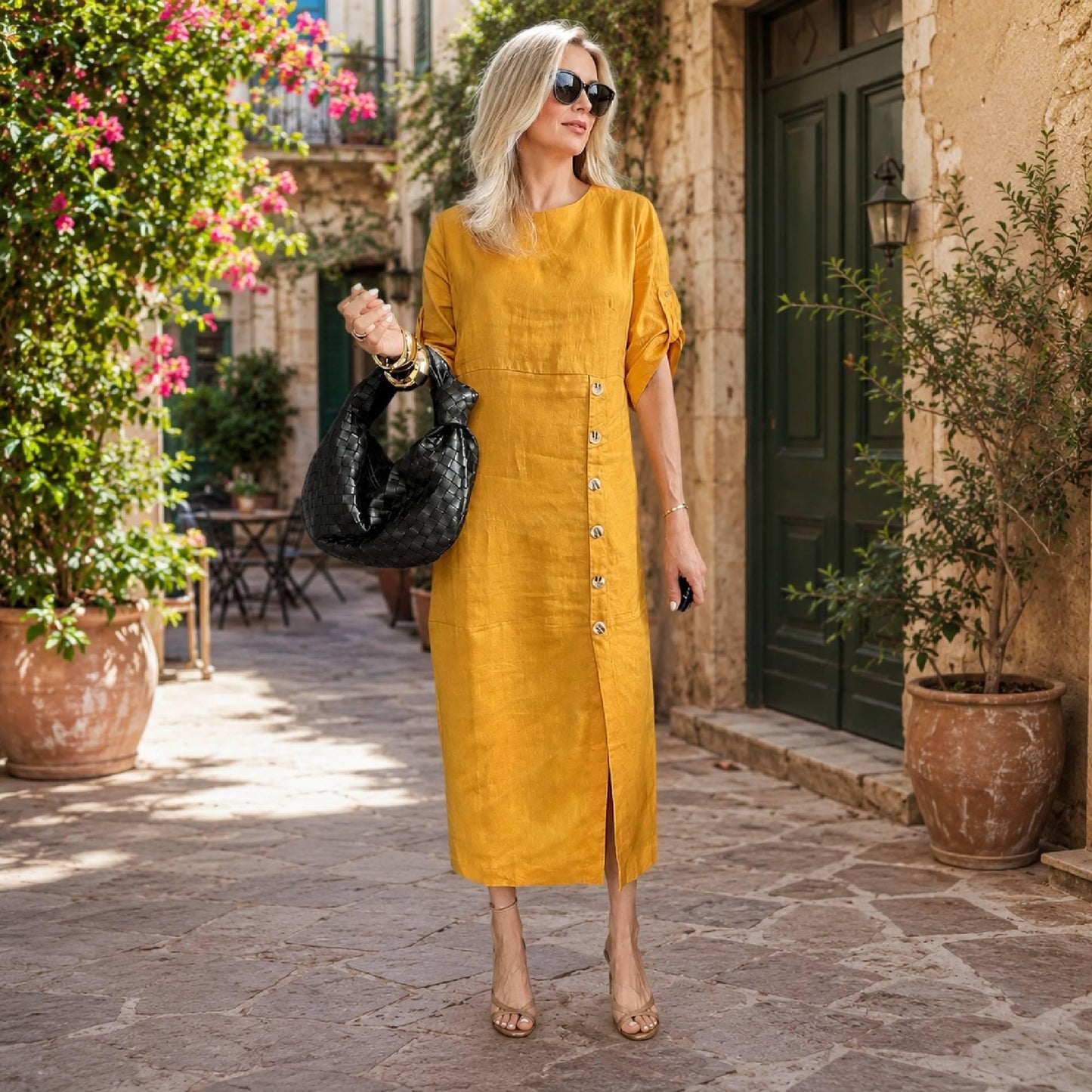 Women's Cotton Midi Dress Casual Pocket Outfit Button Detail Relaxed Summer Vacation Clothing