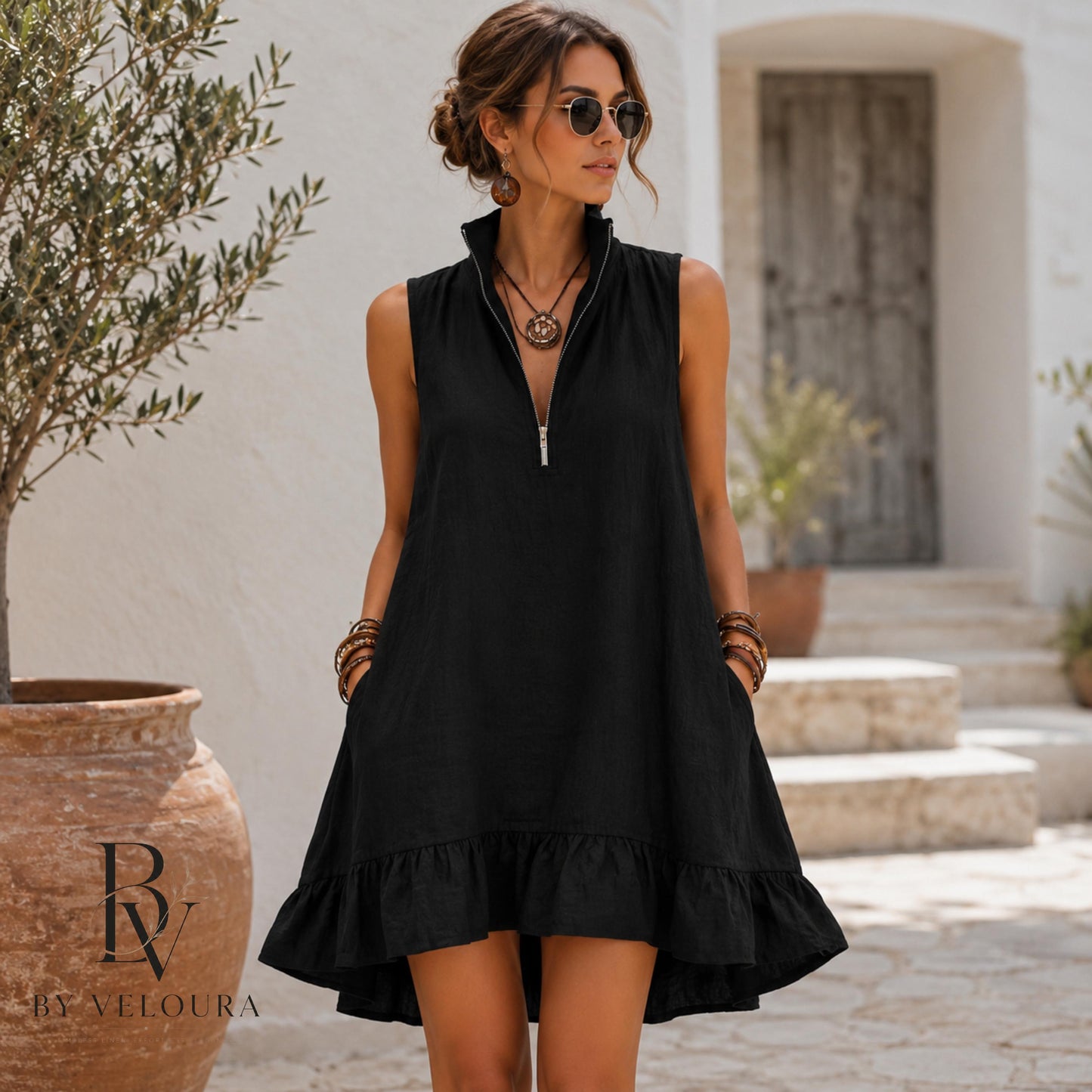 Cotton Linen Summer Dress, Sleeveless Ruffle Mini Dress with Pockets, Vacation Dress, Gift For Women