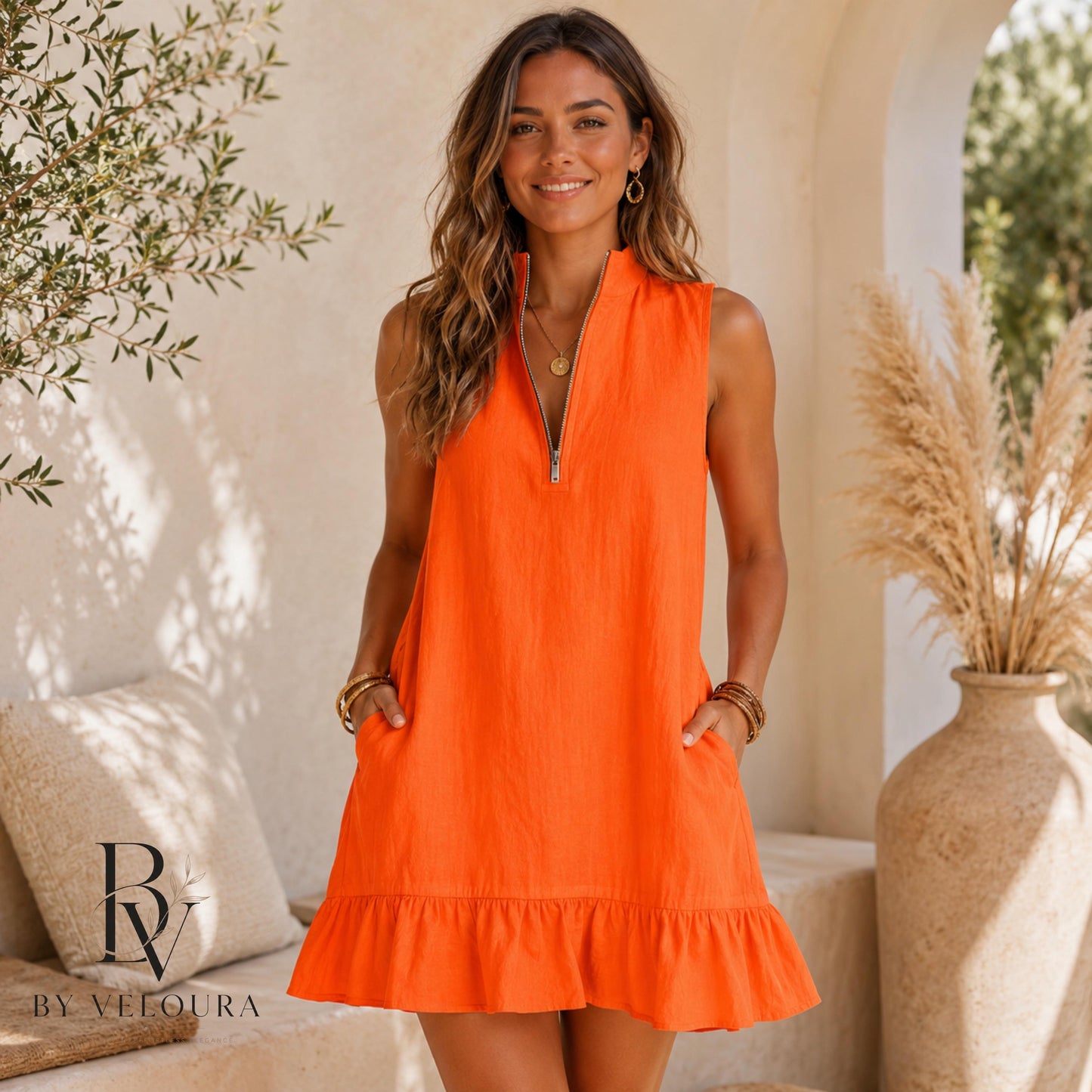Cotton Linen Summer Dress, Sleeveless Ruffle Mini Dress with Pockets, Vacation Dress, Gift For Women