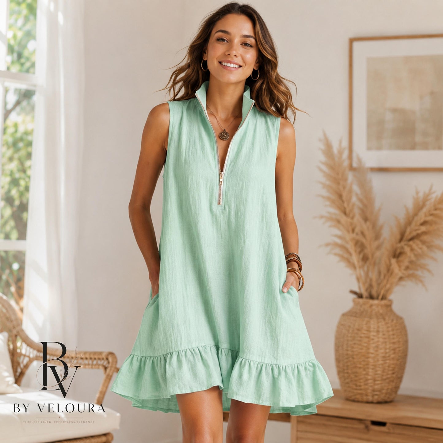 Cotton Linen Summer Dress, Sleeveless Ruffle Mini Dress with Pockets, Vacation Dress, Gift For Women