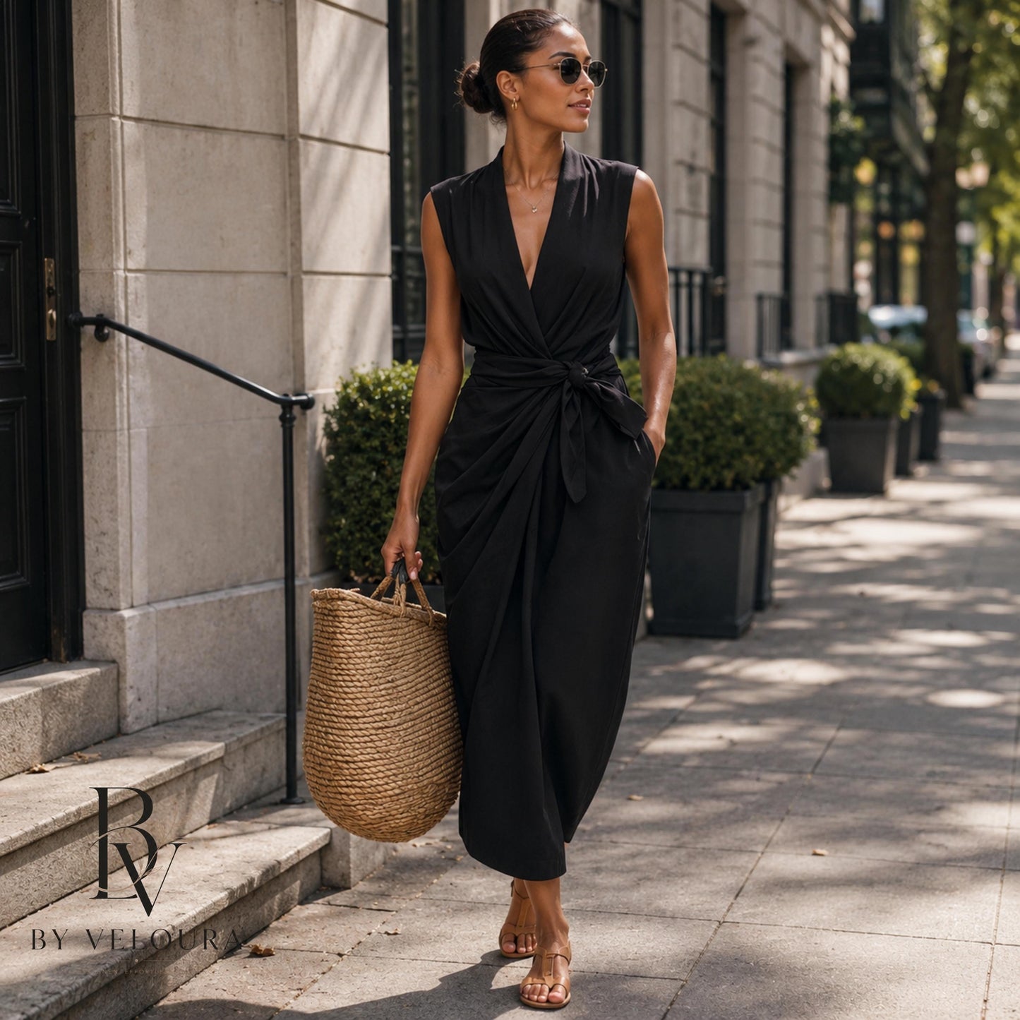 V Neck Sleeveless Cotton Linen Wrap Dress, Summer Midi Dress with Pockets, Gift For Her