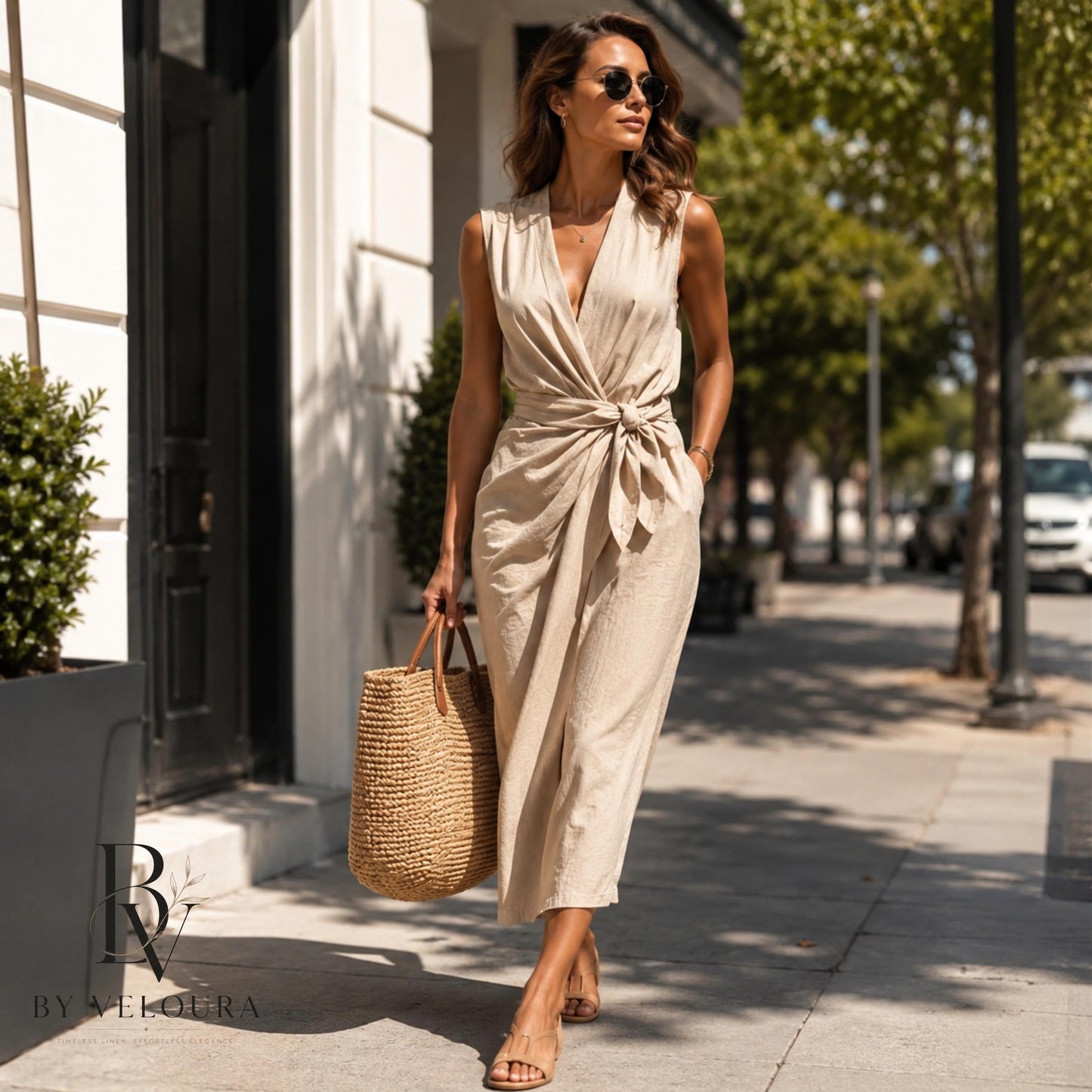 V Neck Sleeveless Cotton Linen Wrap Dress, Summer Midi Dress with Pockets, Gift For Her