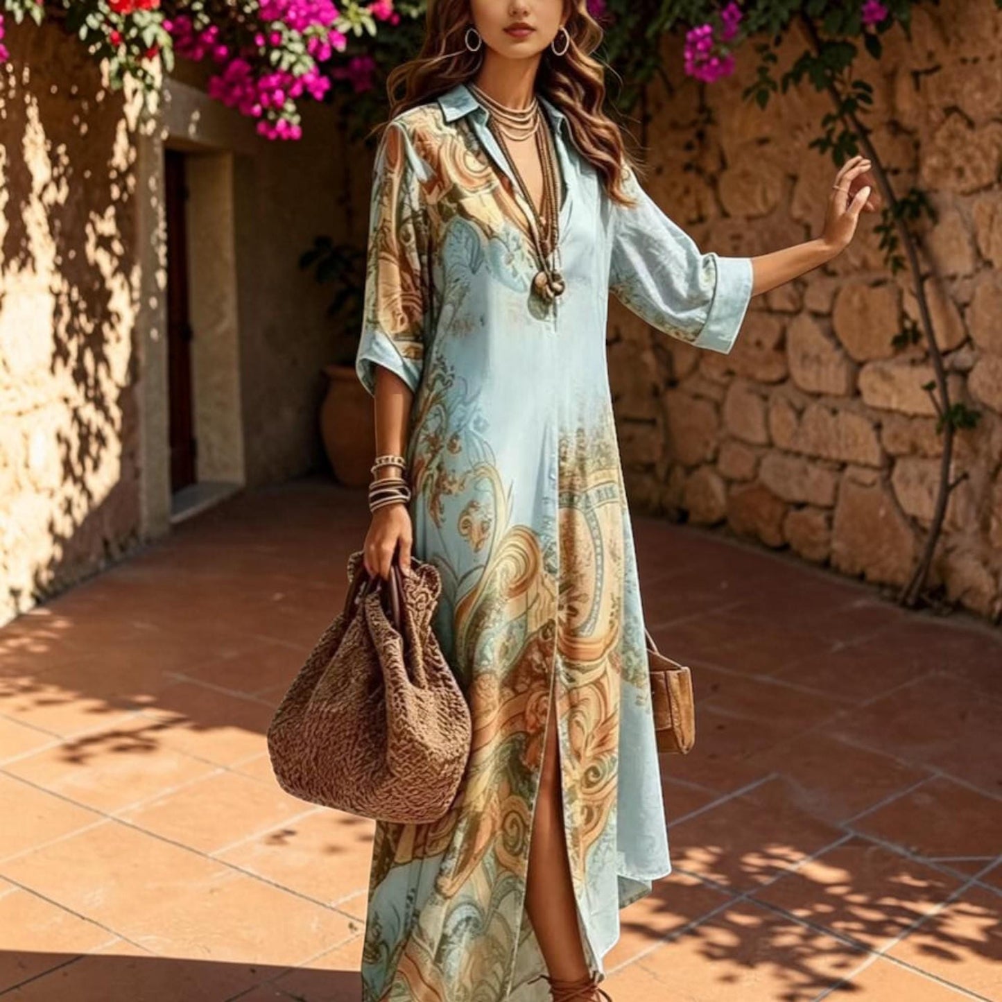 Elegant Chiffon Shirt Dress for Women, Boho Floral Maxi Dress, Button Down Summer Dress, Flowy Beach Vacation Dress