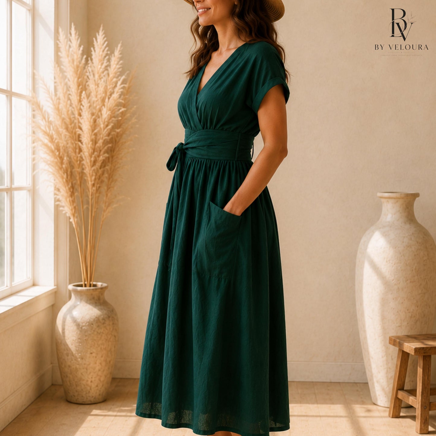 Linen Cotton Wrap  Dress with Pockets, Elegant Casual Summer Dress, Gift For Her