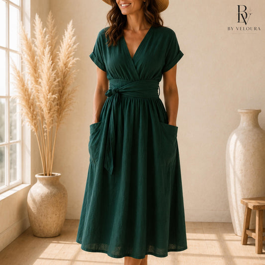 Linen Cotton Wrap  Dress with Pockets, Elegant Casual Summer Dress, Gift For Her