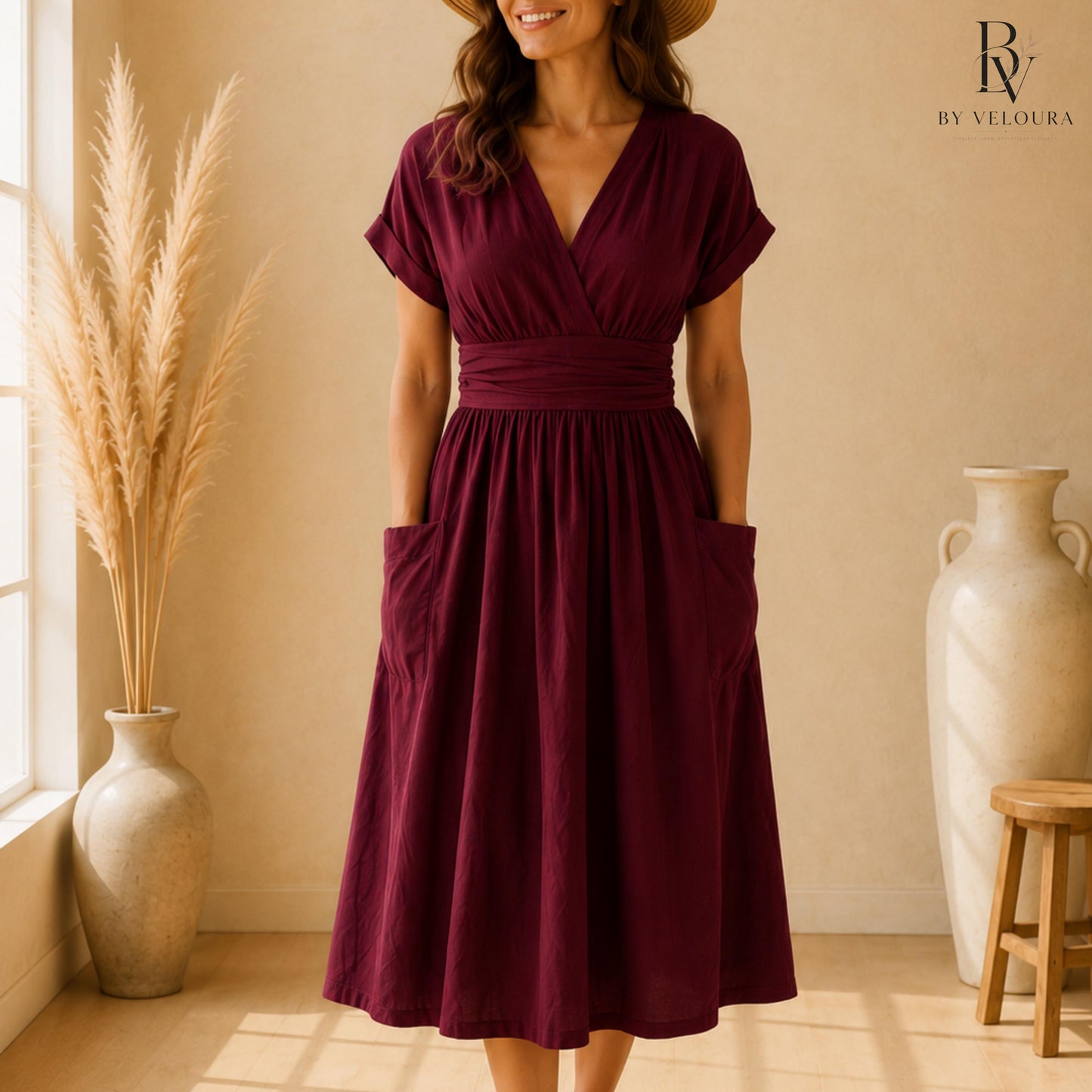 Linen Cotton Wrap  Dress with Pockets, Elegant Casual Summer Dress, Gift For Her