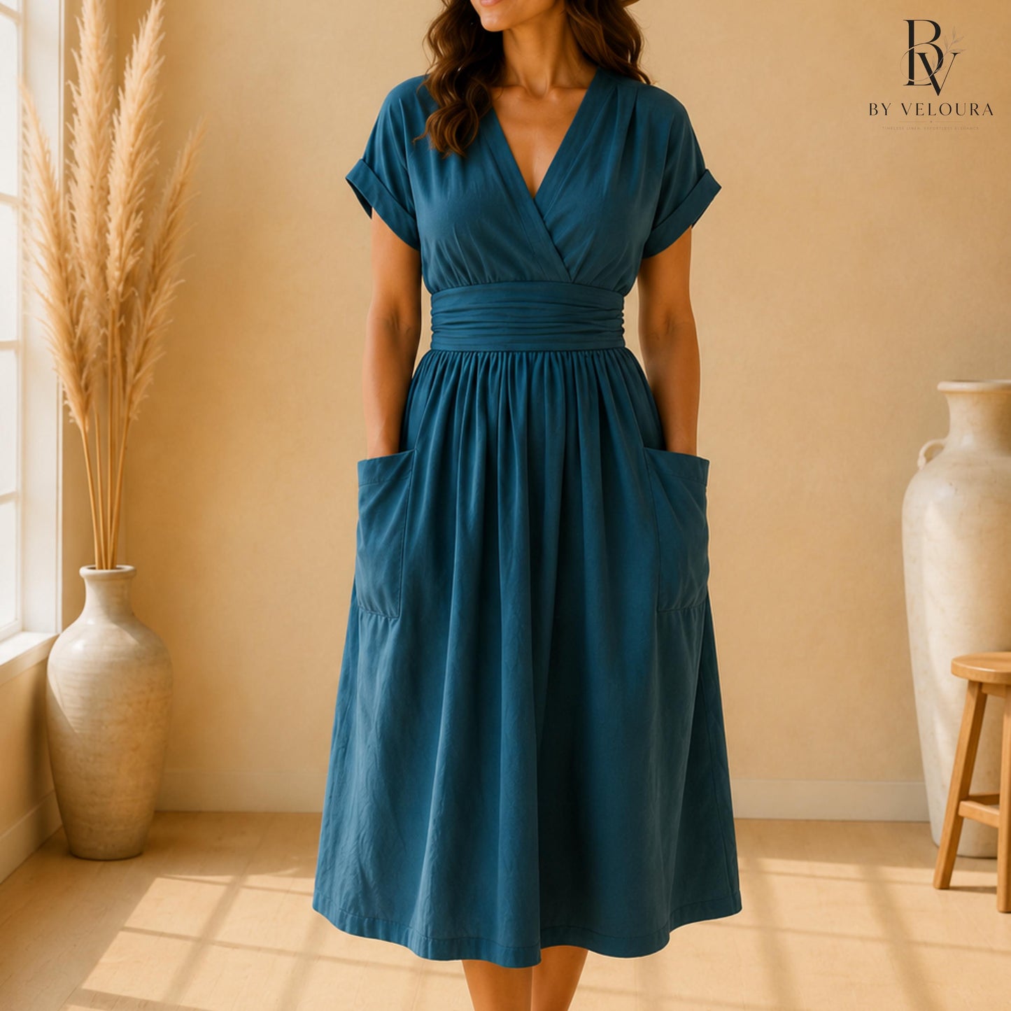 Linen Cotton Wrap  Dress with Pockets, Elegant Casual Summer Dress, Gift For Her