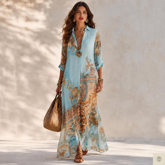 Boho Shirt Dress, Paisley Print, Button Down Kaftan, Resort Vacation Cover Up