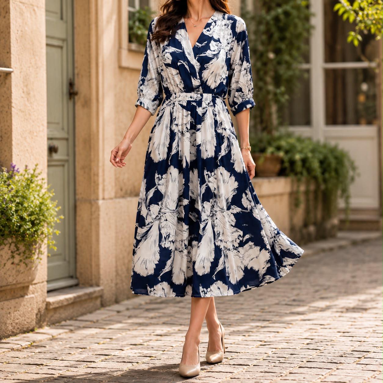 Navy Floral Midi Dress, Women's V Neck A Line Dress, Elegant Printed Dress, Short Sleeve Summer Dress, Wedding Guest Outfit