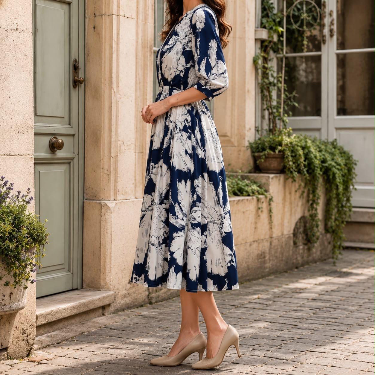Navy Floral Midi Dress, Women's V Neck A Line Dress, Elegant Printed Dress, Short Sleeve Summer Dress, Wedding Guest Outfit