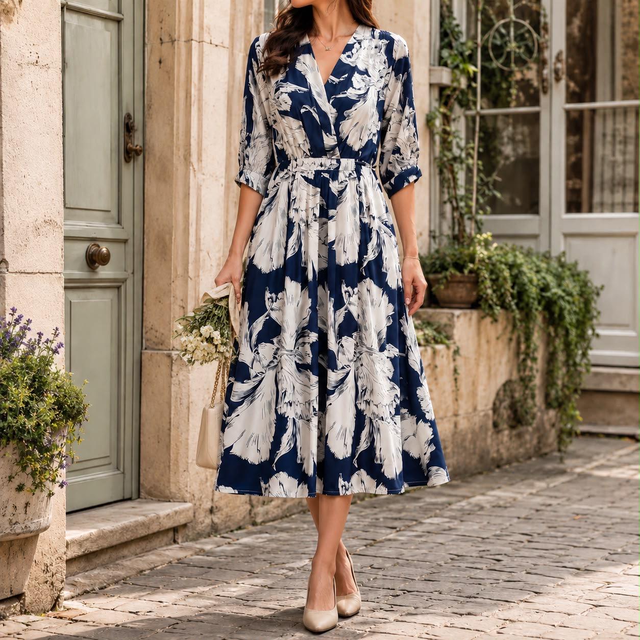 Navy Floral Midi Dress, Women's V Neck A Line Dress, Elegant Printed Dress, Short Sleeve Summer Dress, Wedding Guest Outfit