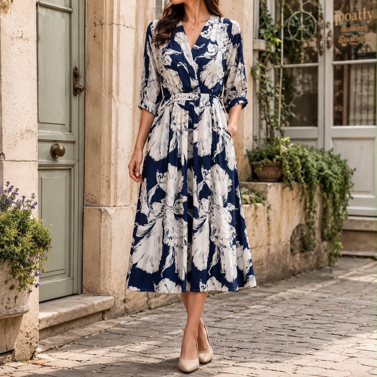 Navy Floral Midi Dress, Women's V Neck A Line Dress, Elegant Printed Dress, Short Sleeve Summer Dress, Wedding Guest Outfit