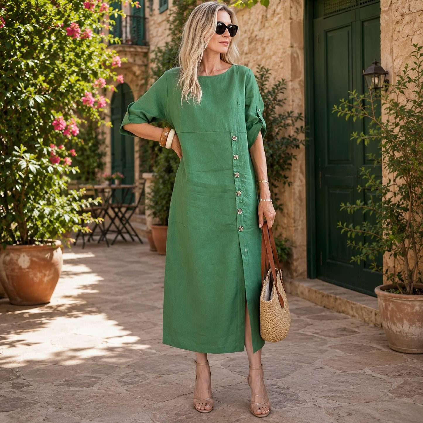 Women's Cotton Midi Dress Casual Pocket Outfit Button Detail Relaxed Summer Vacation Clothing