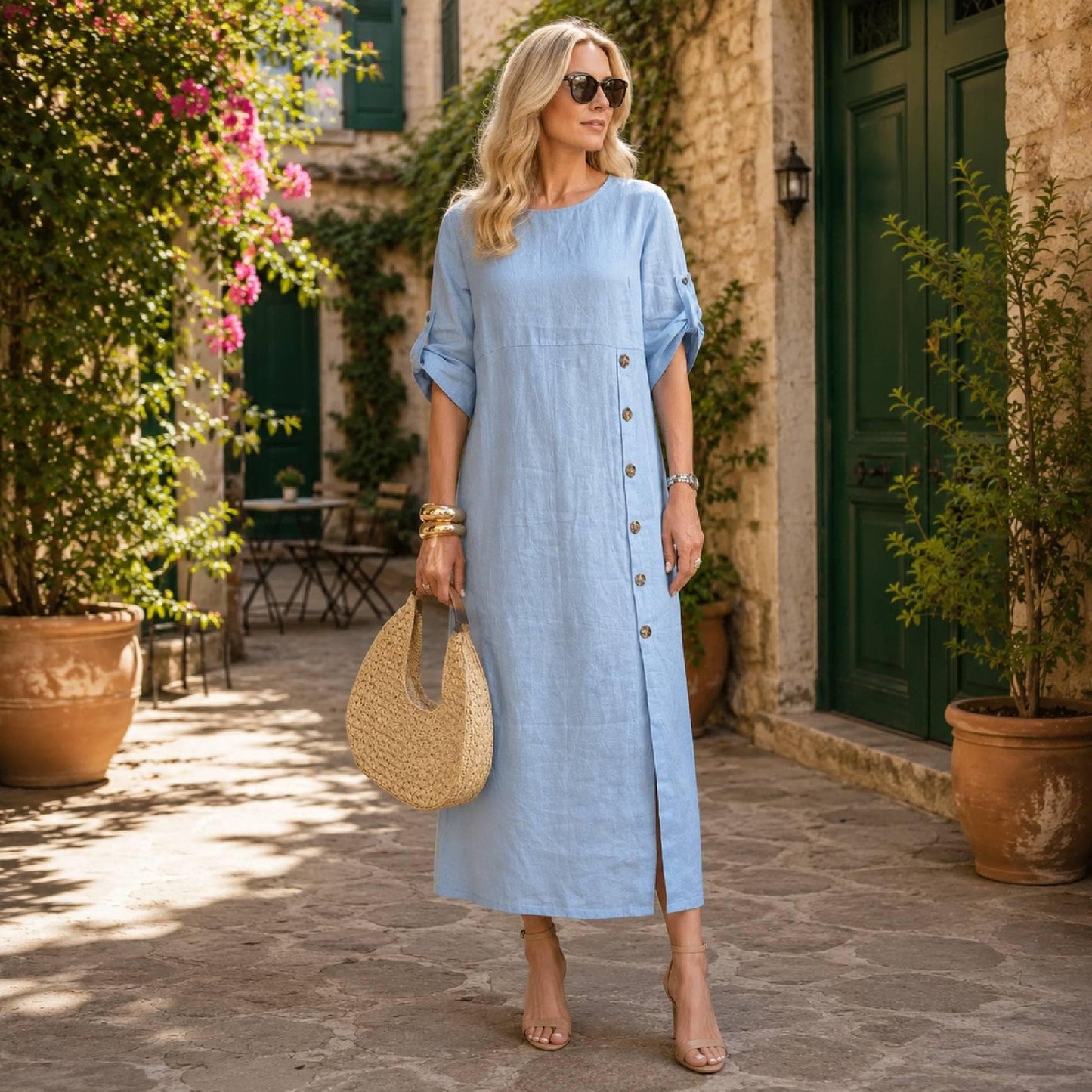 Women's Cotton Midi Dress Casual Pocket Outfit Button Detail Relaxed Summer Vacation Clothing
