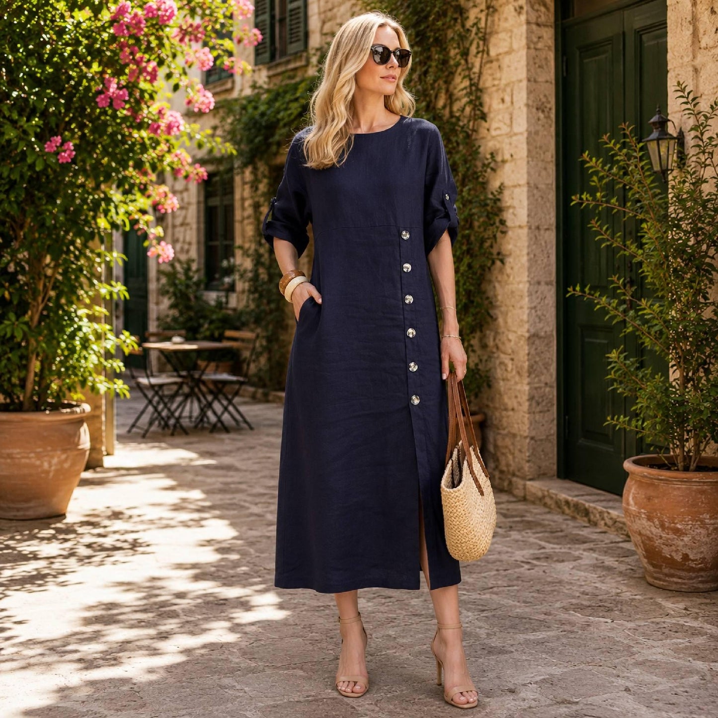 Women's Cotton Midi Dress Casual Pocket Outfit Button Detail Relaxed Summer Vacation Clothing