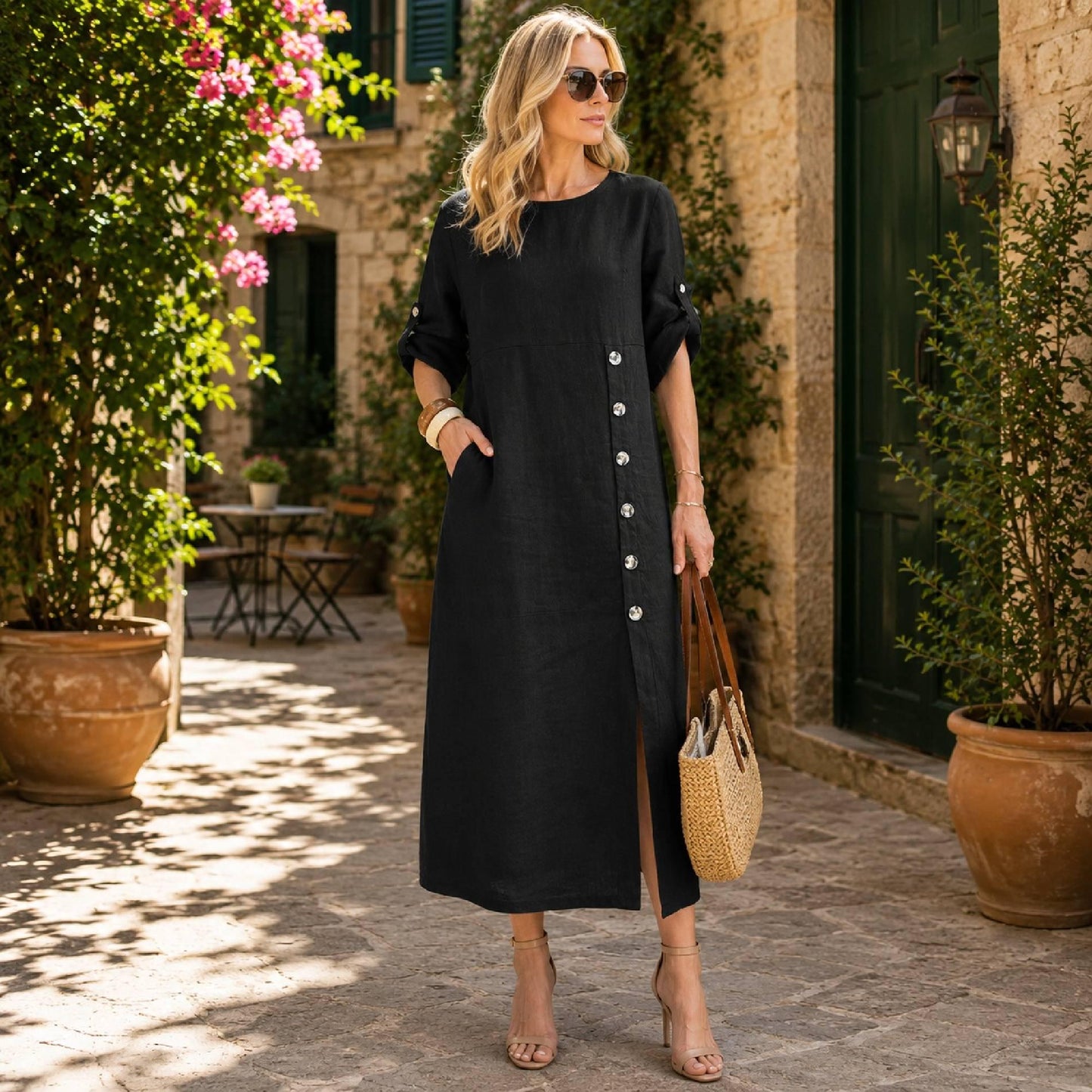 Women's Cotton Midi Dress Casual Pocket Outfit Button Detail Relaxed Summer Vacation Clothing