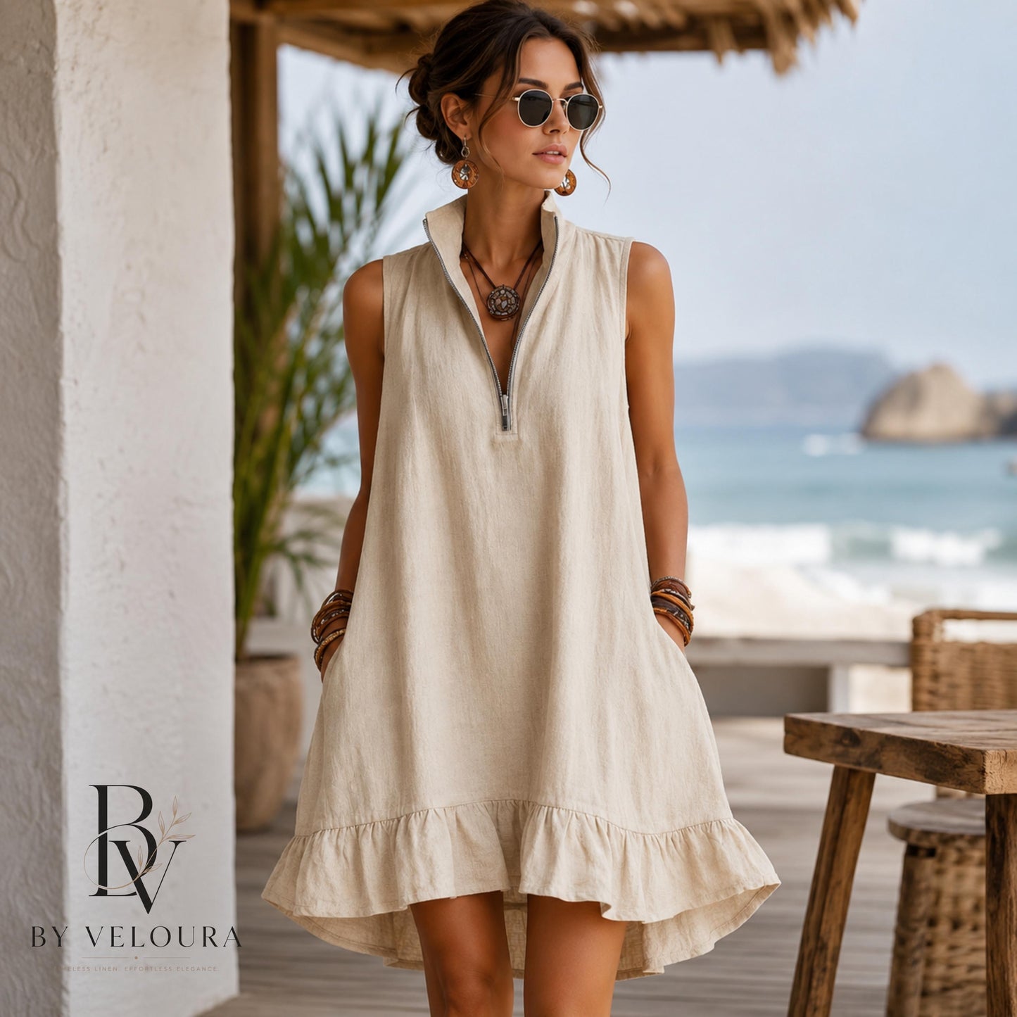 Cotton Linen Summer Dress, Sleeveless Ruffle Mini Dress with Pockets, Vacation Dress, Gift For Women
