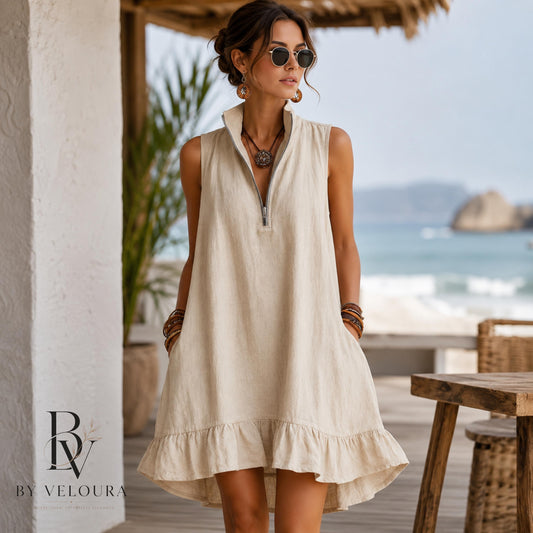 Cotton Linen Summer Dress, Sleeveless Ruffle Mini Dress with Pockets, Vacation Dress, Gift For Women