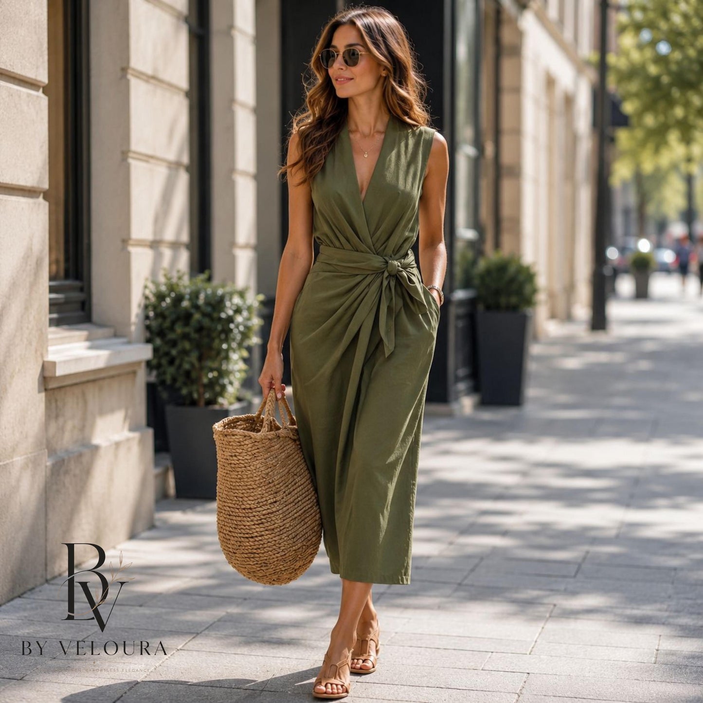 V Neck Sleeveless Cotton Linen Wrap Dress, Summer Midi Dress with Pockets, Gift For Her