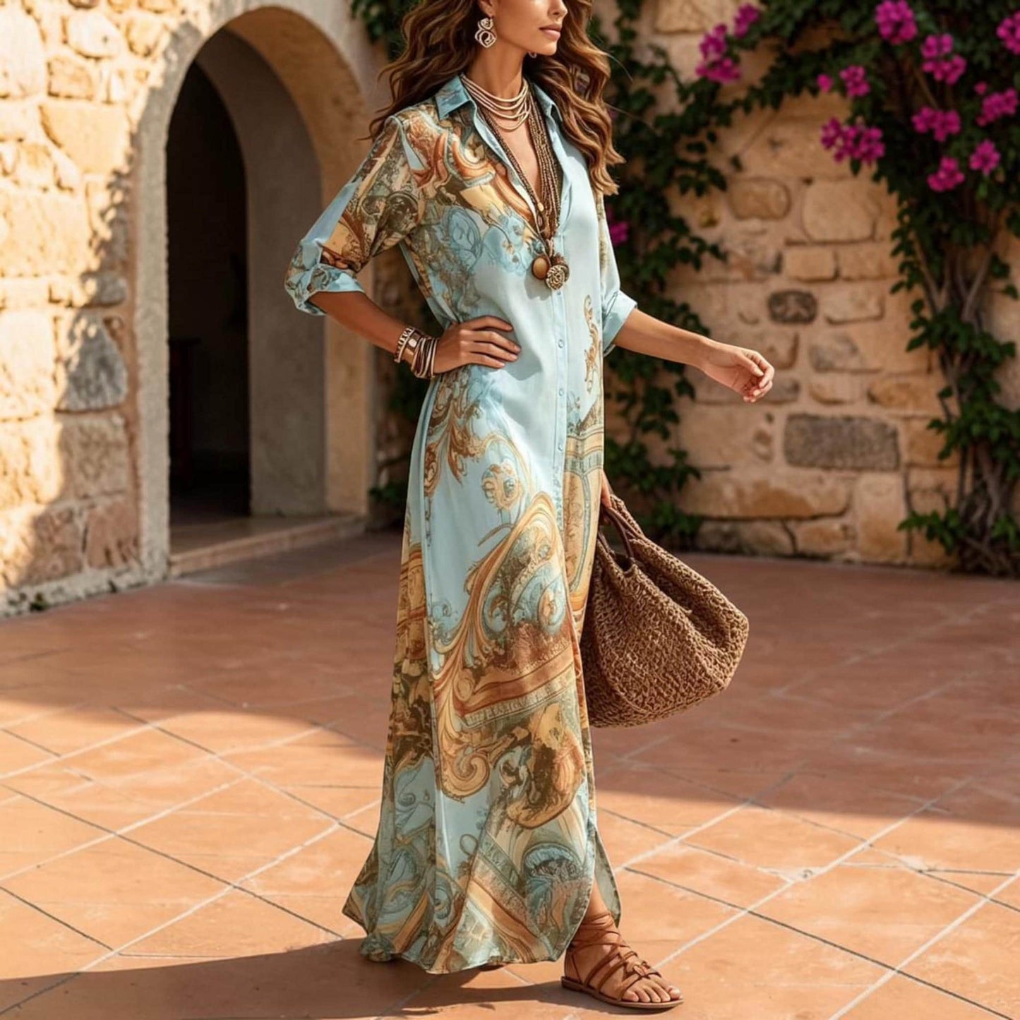 Elegant Chiffon Shirt Dress for Women, Boho Floral Maxi Dress, Button Down Summer Dress, Flowy Beach Vacation Dress