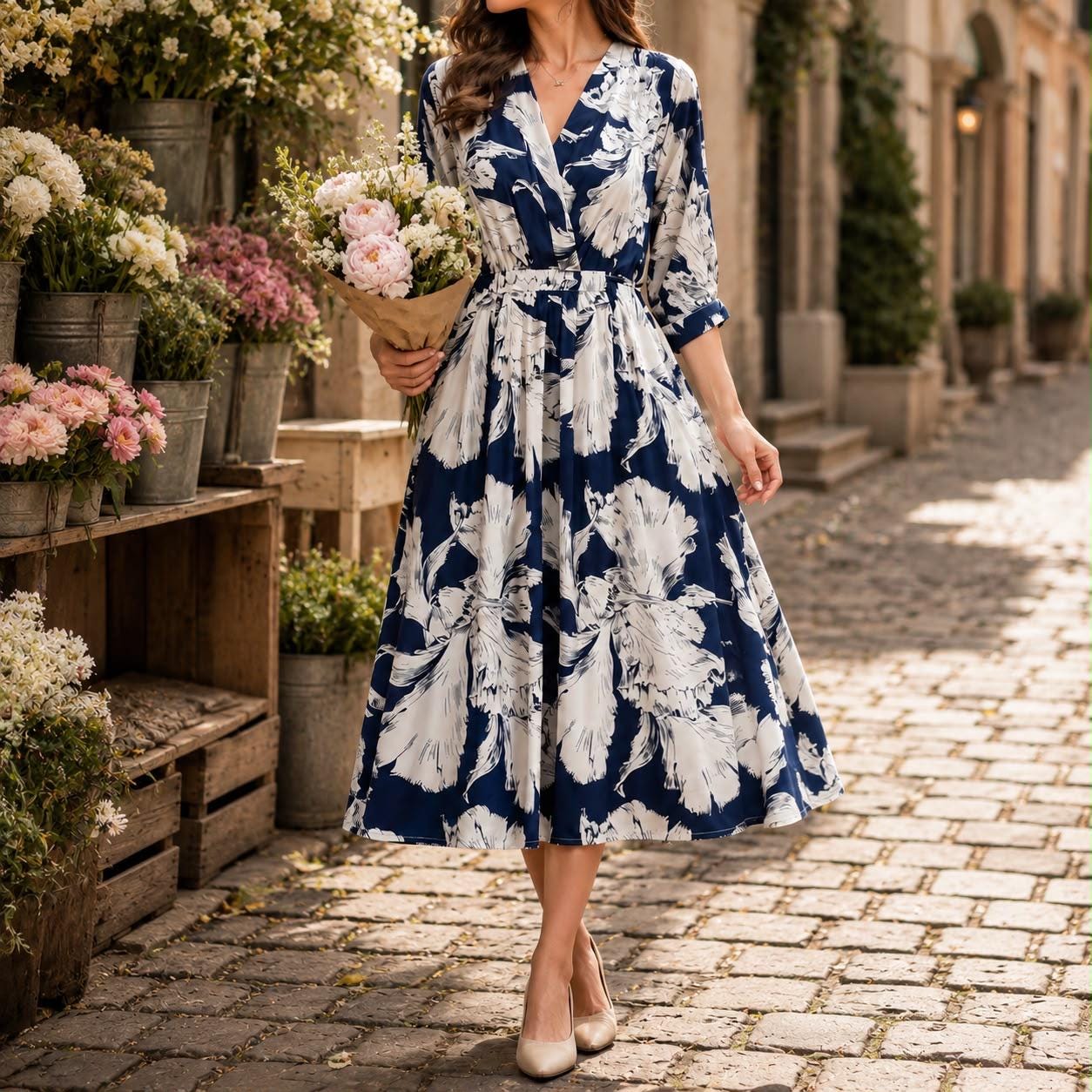 Navy Floral Midi Dress, Women's V Neck A Line Dress, Elegant Printed Dress, Short Sleeve Summer Dress, Wedding Guest Outfit