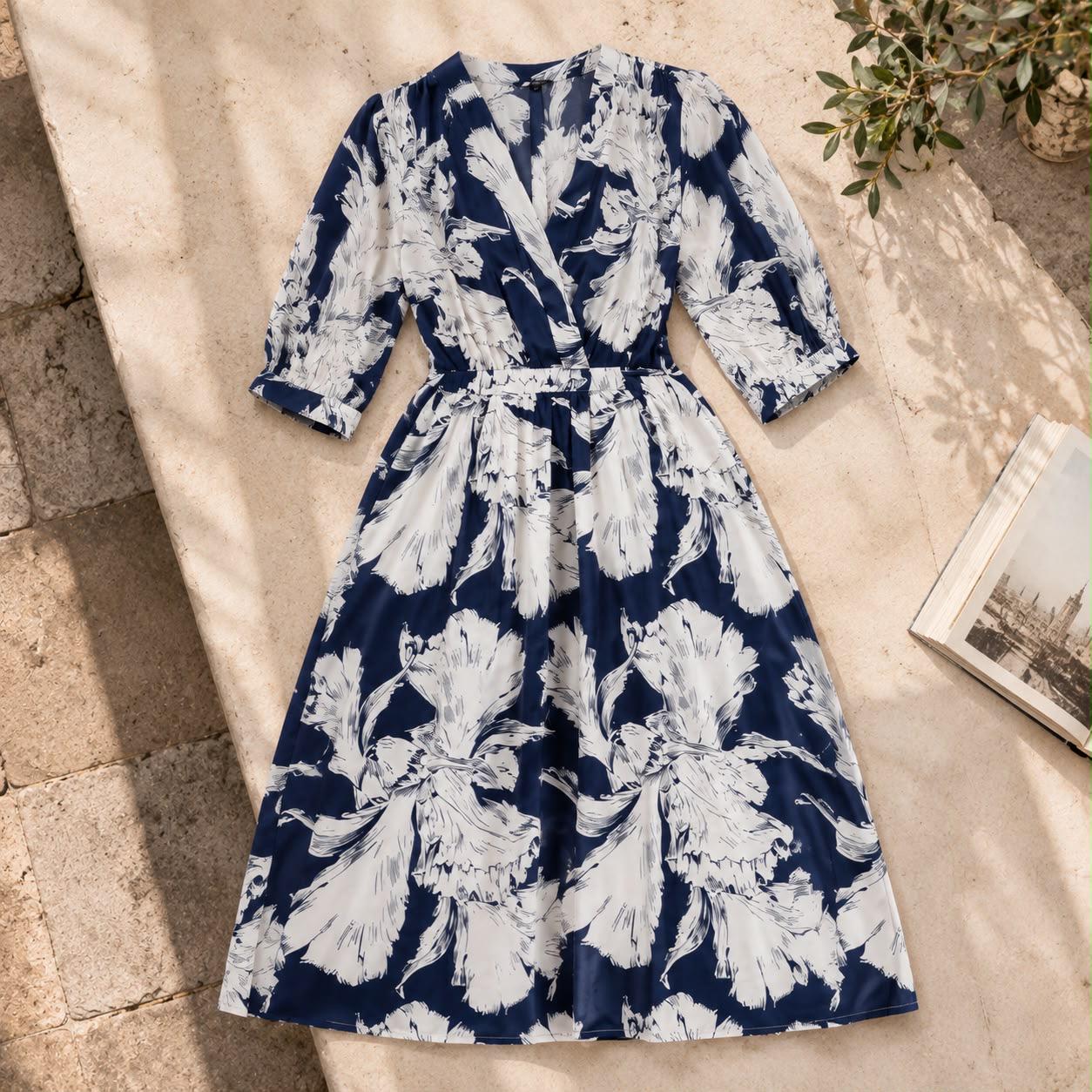 Navy Floral Midi Dress, Women's V Neck A Line Dress, Elegant Printed Dress, Short Sleeve Summer Dress, Wedding Guest Outfit