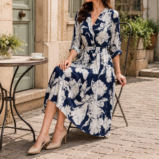 Navy Floral Midi Dress, Women's V Neck A Line Dress, Elegant Printed Dress, Short Sleeve Summer Dress, Wedding Guest Outfit