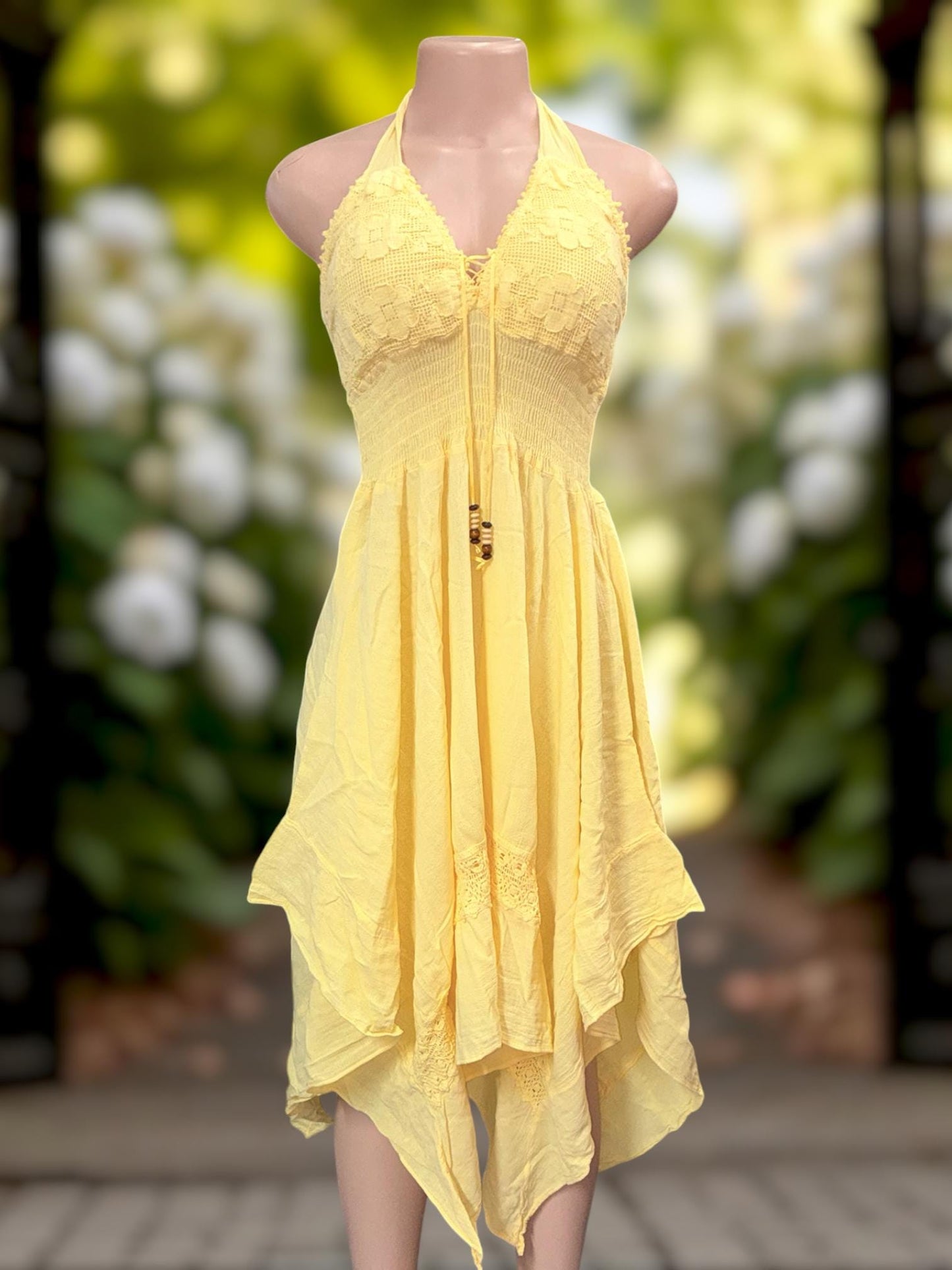Vestido de verano bohemio 'Puntas Dress' hecho a mano con organic algodón peruano, estilo occidental, talla única (S-M-L) ENVÍO GRATIS